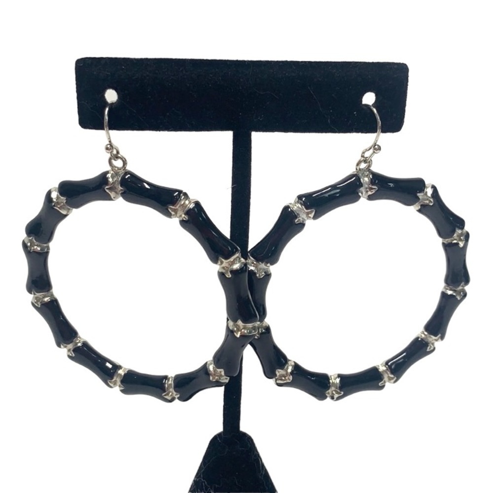 Cloisonné Hoop Earrings Black/Silver, Fish Hook Backs, 2.25” - Picture 3 of 3